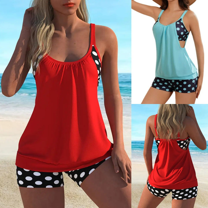 Bikini de verano para mujer, diseño de lunares, bañador elegante de cintura alta y moda playa.