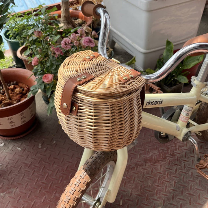 Canasta de manillar tejida, estilo madera, para mujer, accesorio desmontable y chic para bici urbana.