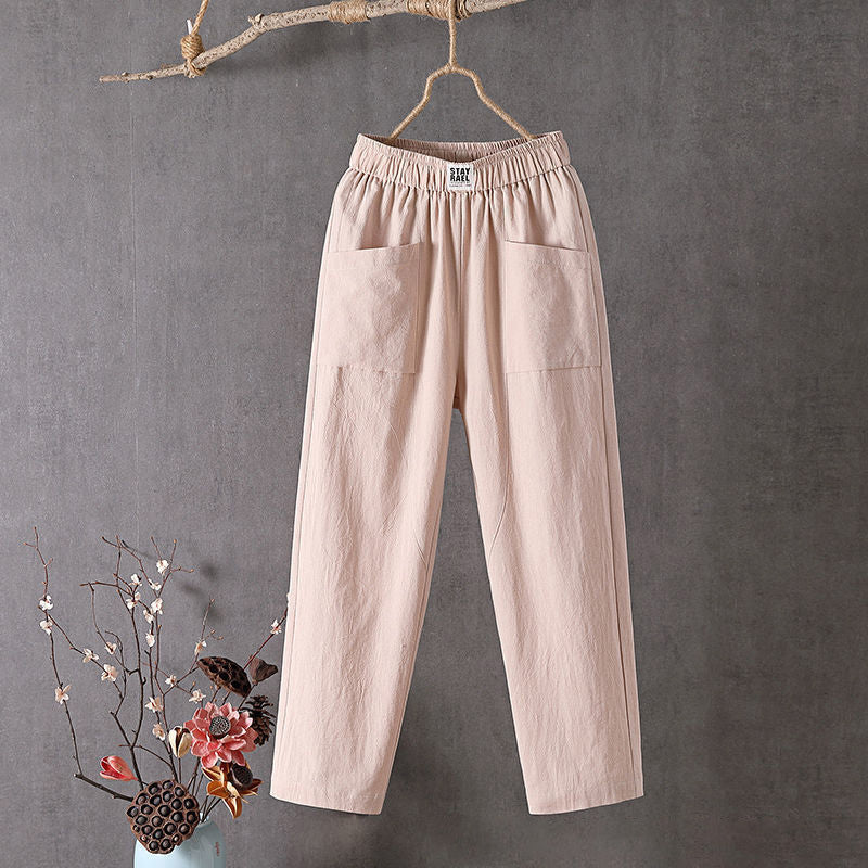 Pantalones versátiles de mujer estilo relajado, diseño natural con bolsillos. Ideales para look casual de día.