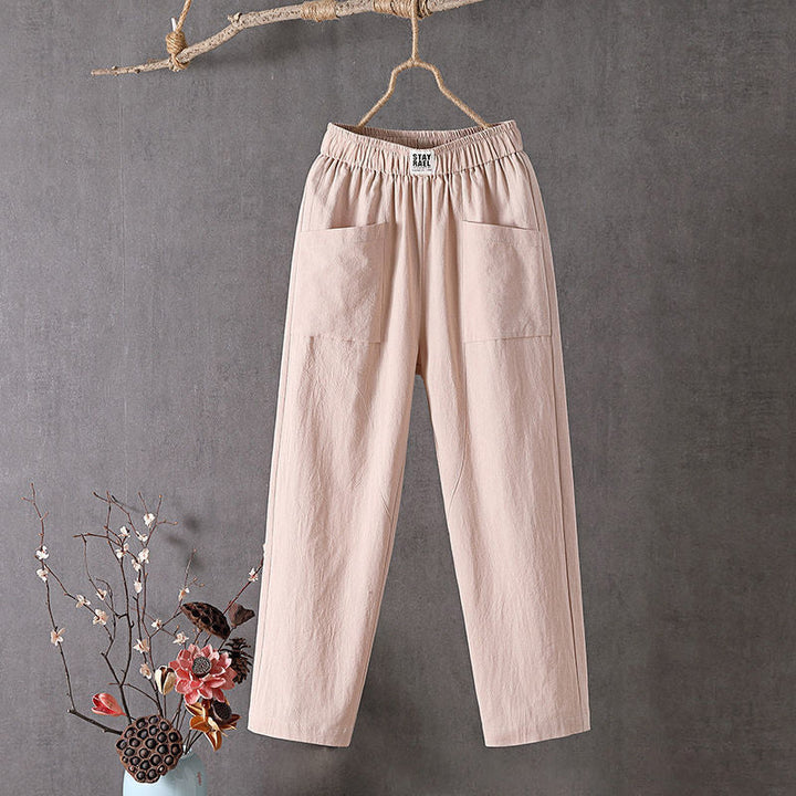 Pantalones versátiles de mujer estilo relajado, diseño natural con bolsillos. Ideales para look casual de día.