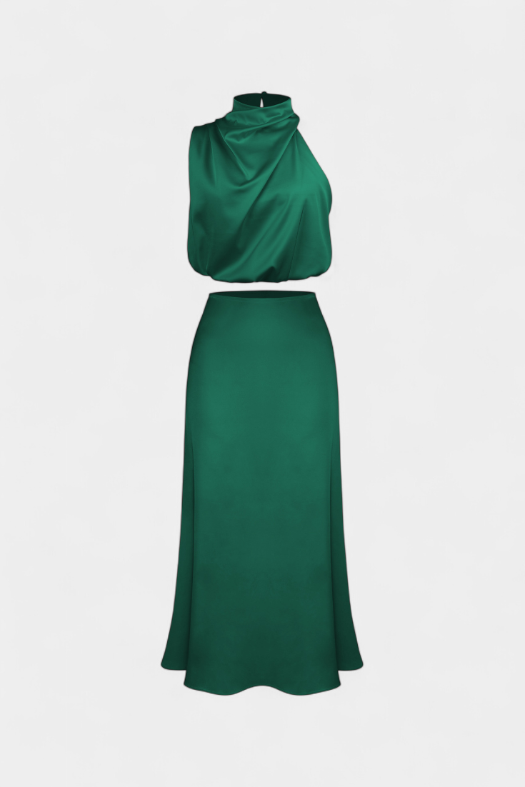 Conjunto de falda y top de dos piezas para mujer, estilo halter con espalda descubierta elegante.
