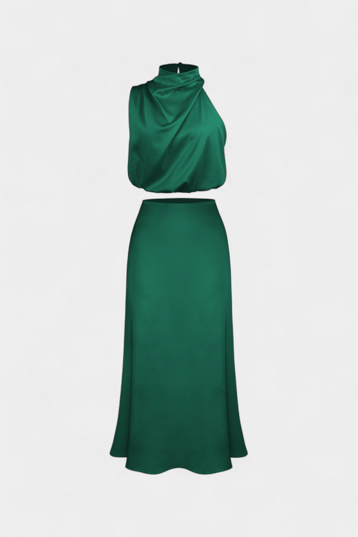 Conjunto de falda y top de dos piezas para mujer, estilo halter con espalda descubierta elegante.