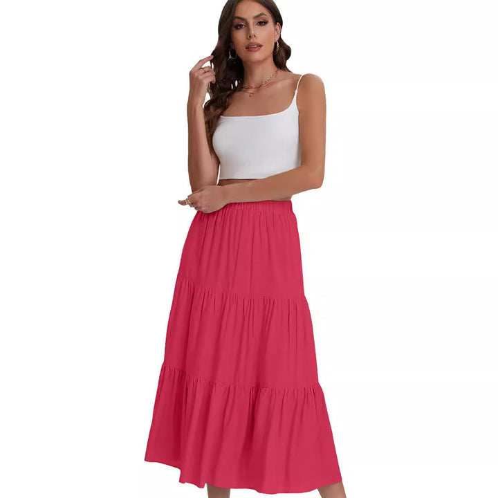 Falda midi BASILISA de mujer con volantes, cintura alta. Estilo elegante y casual para verano.