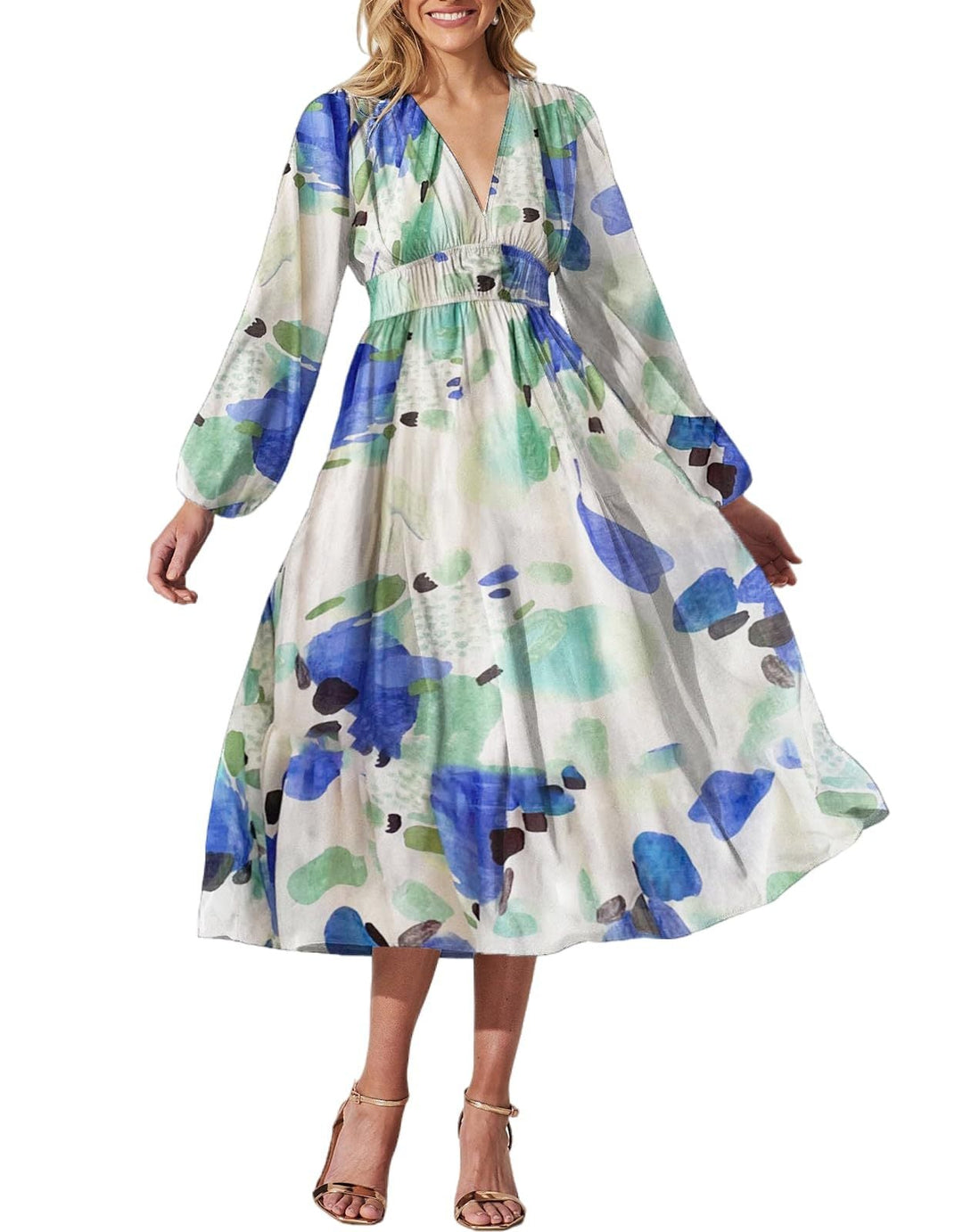 Vestido de primavera midi floral. Escote cruzado, vuelo sutil. Ropa femenina y moderna.