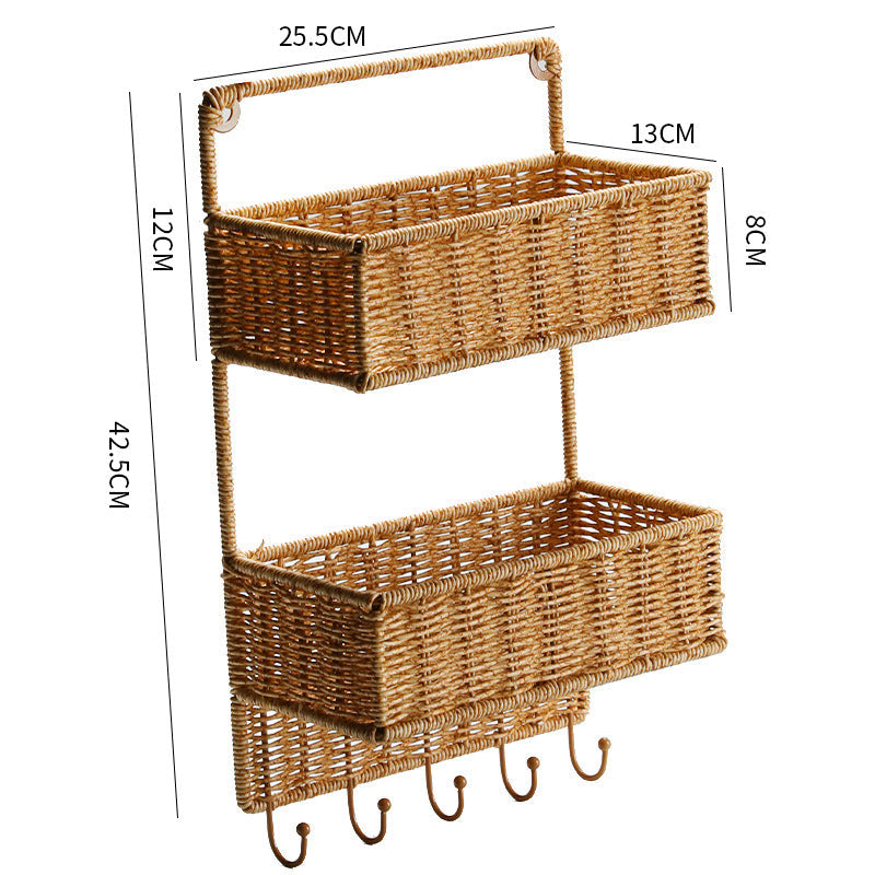 Cesta tejida a mano de dos niveles, ideal para almacenar frutas, verduras o artículos de despensa en el hogar.