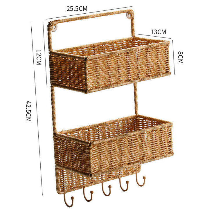 Cesta tejida a mano de dos niveles, ideal para almacenar frutas, verduras o artículos de despensa en el hogar.
