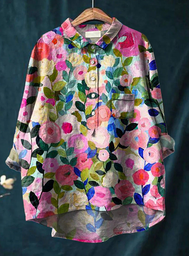 Blusa floral de mujer con estampado colorido, ideal para primavera/verano y estilo casual.