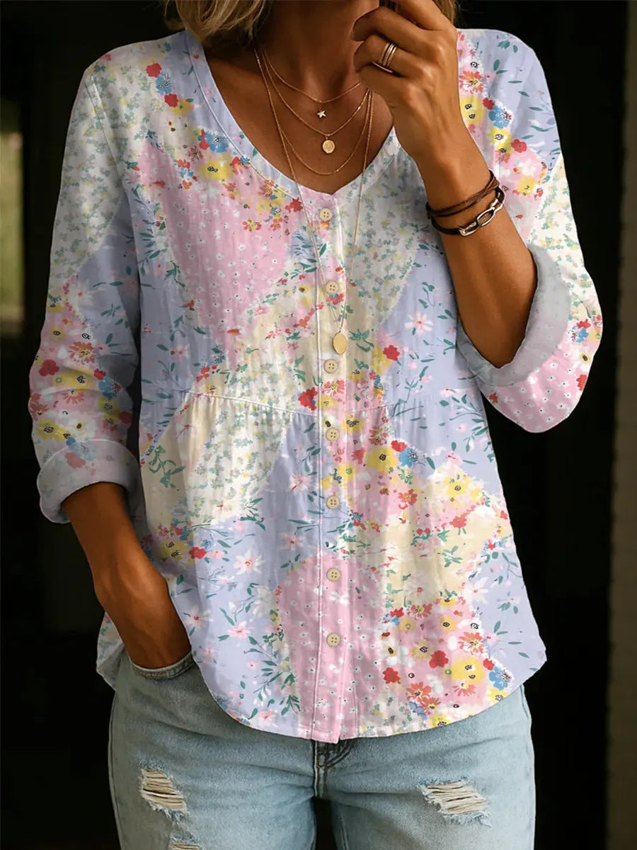 Blusa floral ligera para mujer, diseño patchwork multicolor, cuello V. Ideal moda casual primavera/verano, transpirable.