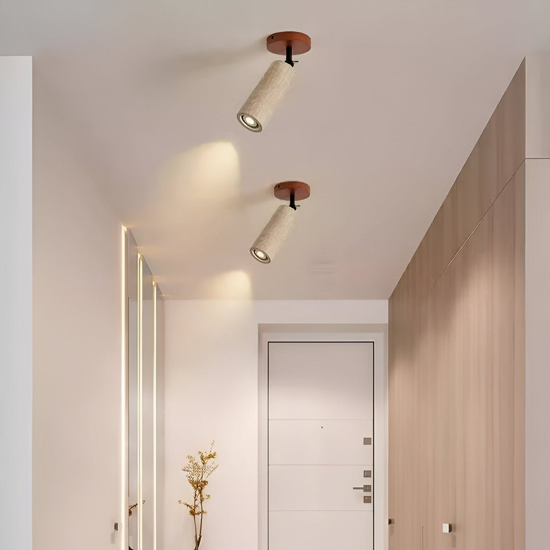 Lámpara LED regulable de travertino y madera para pared o techo. Diseño moderno y luz cálida.