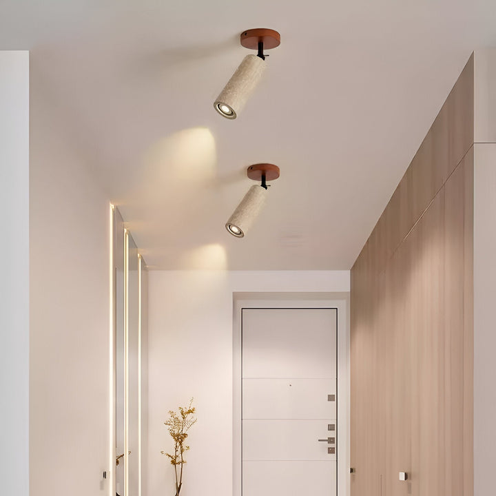 Lámpara LED regulable de travertino y madera para pared o techo. Diseño moderno y luz cálida.