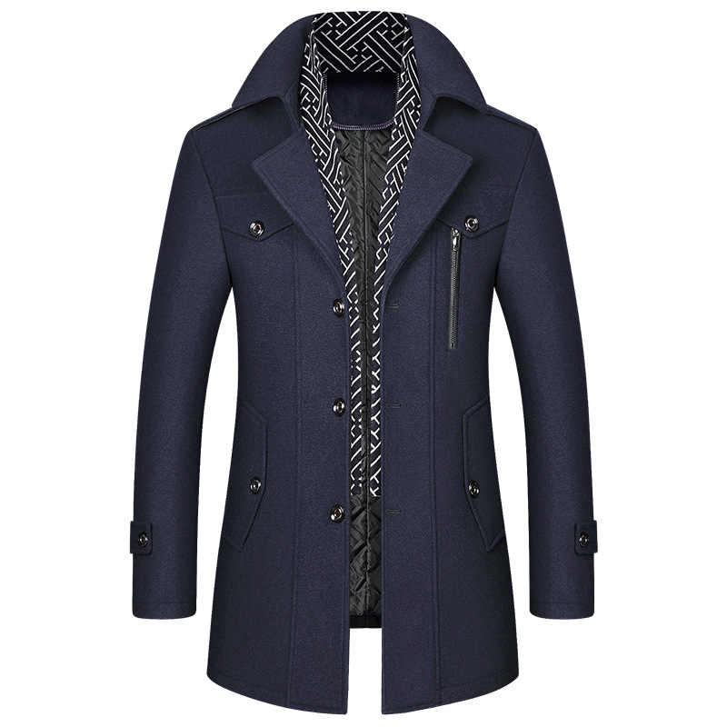 Detalle de abrigo clásico de invierno para hombre, tejido cálido y diseño elegante.