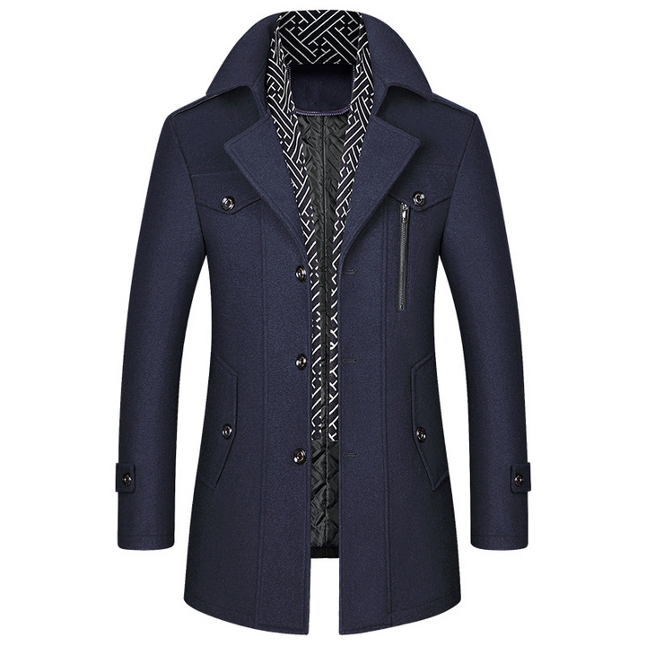 Detalle de abrigo clásico de invierno para hombre, tejido cálido y diseño elegante.