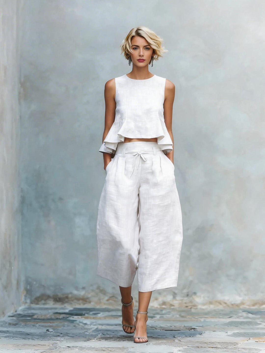 Conjunto elegante de mujer con top de volantes y pantalón ancho, perfecto para un estilo sofisticado de verano.