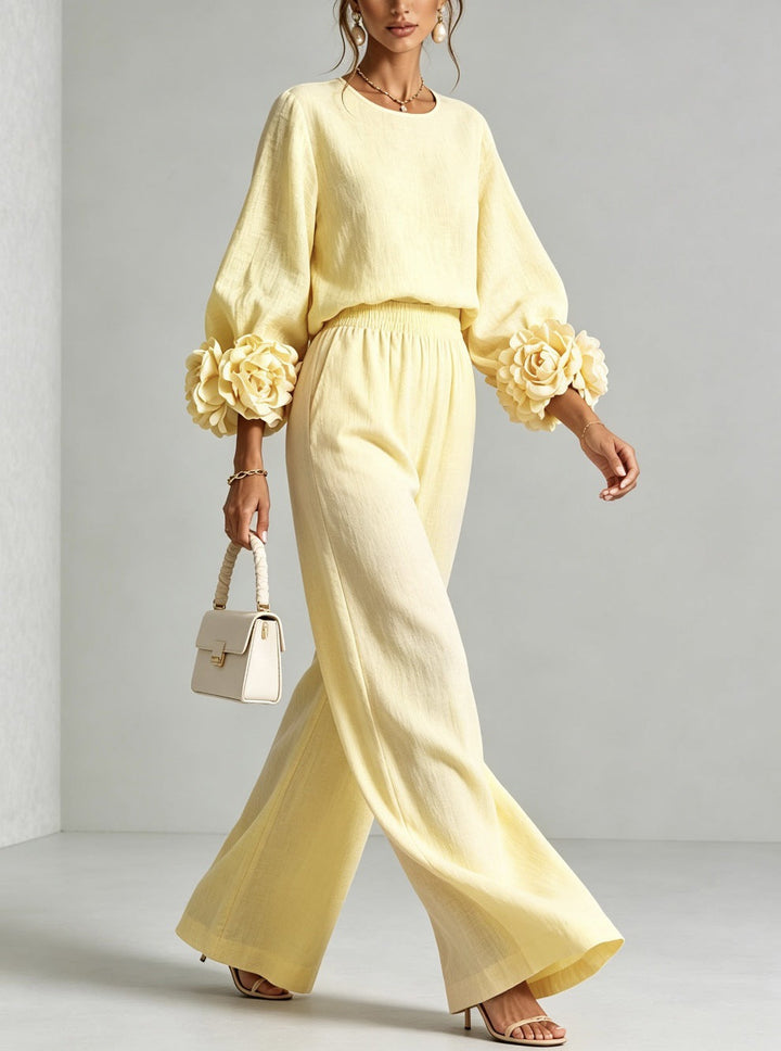 Conjunto femenino dos piezas con blusa floral, pantalón ancho, cómodo y elegante para verano, casual, brunch.