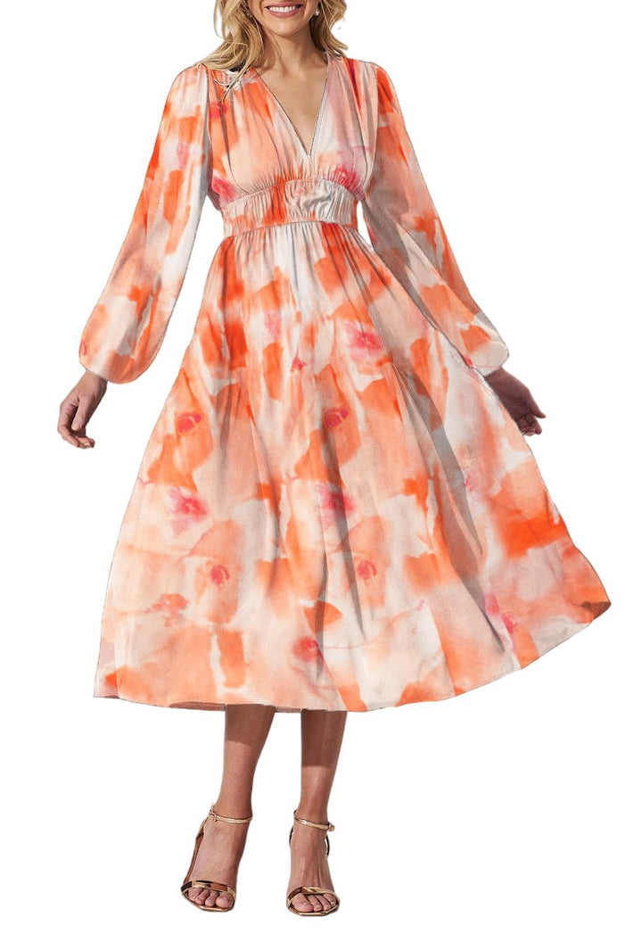 Vestido midi de mujer con escote cruzado. Estampado floral y vuelo romántico. Moda de día.