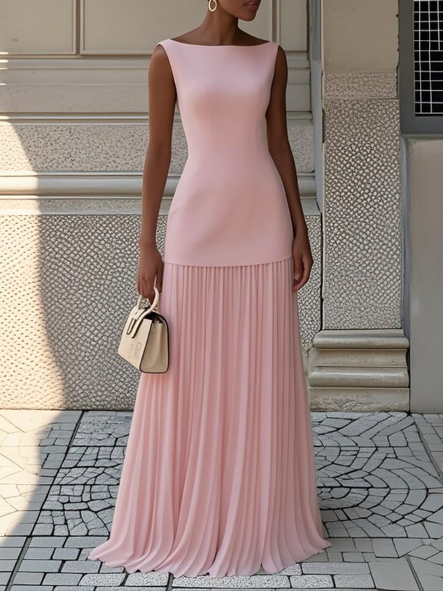 Elegante vestido maxi plisado sin mangas para mujer, perfecto para ocasiones especiales, fiestas o verano.