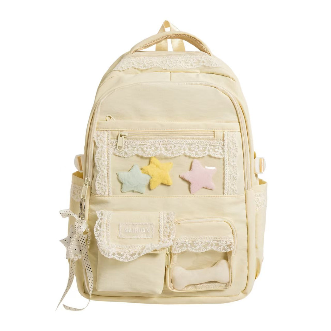 Mochila casual cómoda para mujer con gran capacidad, ideal para organizar tus pertenencias. Disponible en rosa o beige.