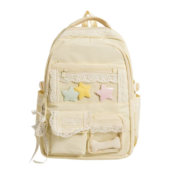 Mochila casual cómoda para mujer con gran capacidad, ideal para organizar tus pertenencias. Disponible en rosa o beige.
