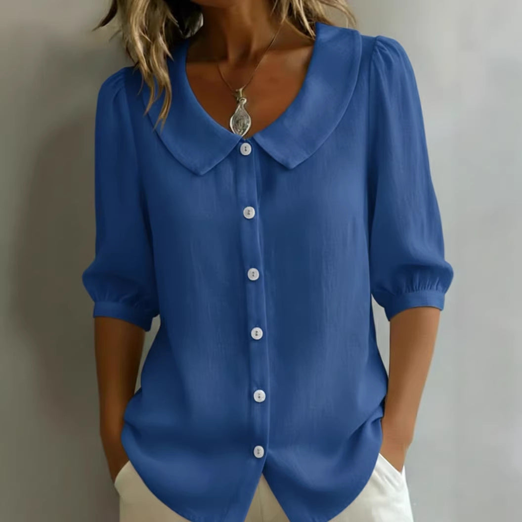 Camisa elegante Maribel para mujer, blusa de color sólido. Manga corta y cuello redondo, ideal para oficina o uso diario.