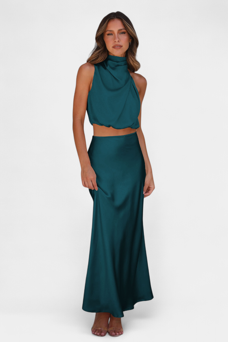 Conjunto de falda dos piezas para mujer, top con espalda descubierta. Moda elegante.