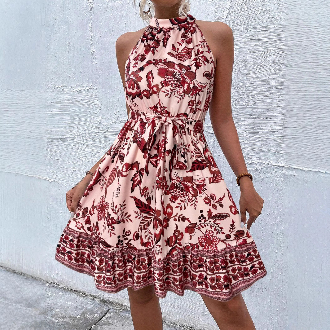 Vestido midi halter para mujer con cinturón que ajusta la cintura, ideal para ocasiones especiales. Estilo elegante de verano.