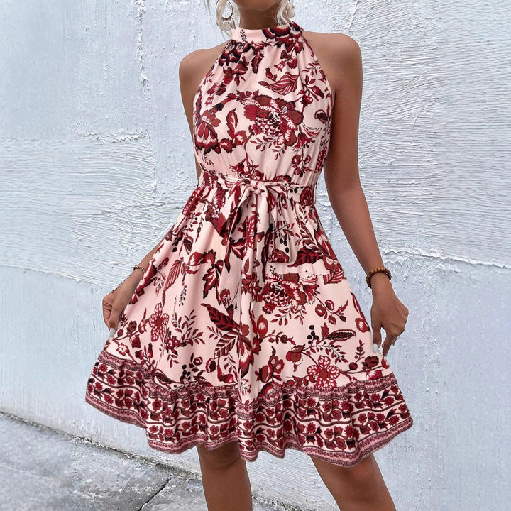 Vestido midi halter para mujer con cinturón que ajusta la cintura, ideal para ocasiones especiales. Estilo elegante de verano.