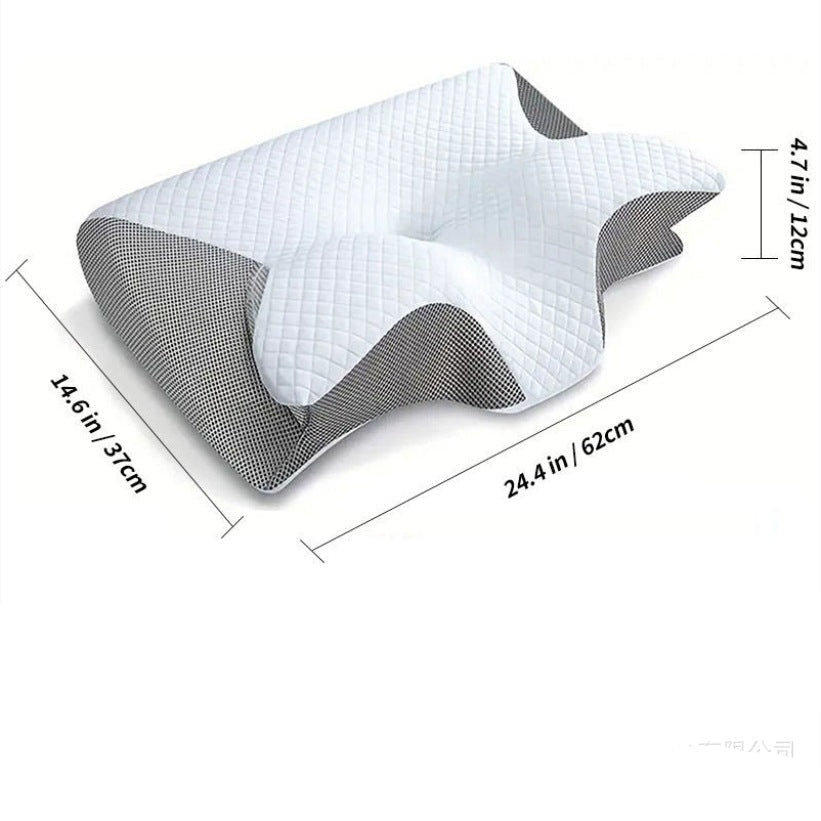 Vista lateral de almohada cervical ergonómica que mejora la postura al dormir y alivia el dolor.