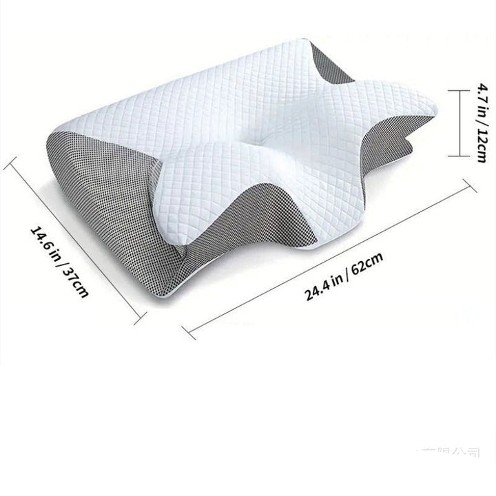 Vista lateral de almohada cervical ergonómica que mejora la postura al dormir y alivia el dolor.