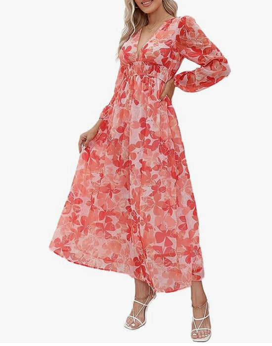 Vestido elegante midi para mujer. Estampado floral, escote cruzado y caída con vuelo.