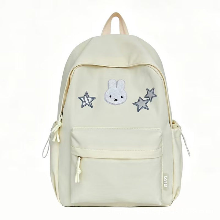 Mochila escolar juvenil bordada con diseño de conejo y estrellas, resistente al agua.