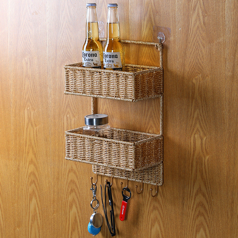 Cesta de almacenamiento decorativa tejida a mano con dos niveles, perfecta para un hogar organizado.