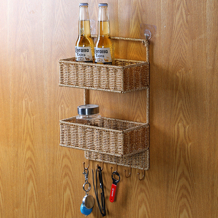 Cesta de almacenamiento decorativa tejida a mano con dos niveles, perfecta para un hogar organizado.