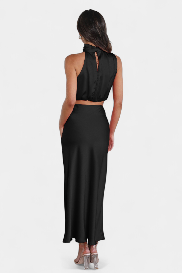 Top halter y falda para mujer, conjunto de dos piezas elegante con espalda descubierta.