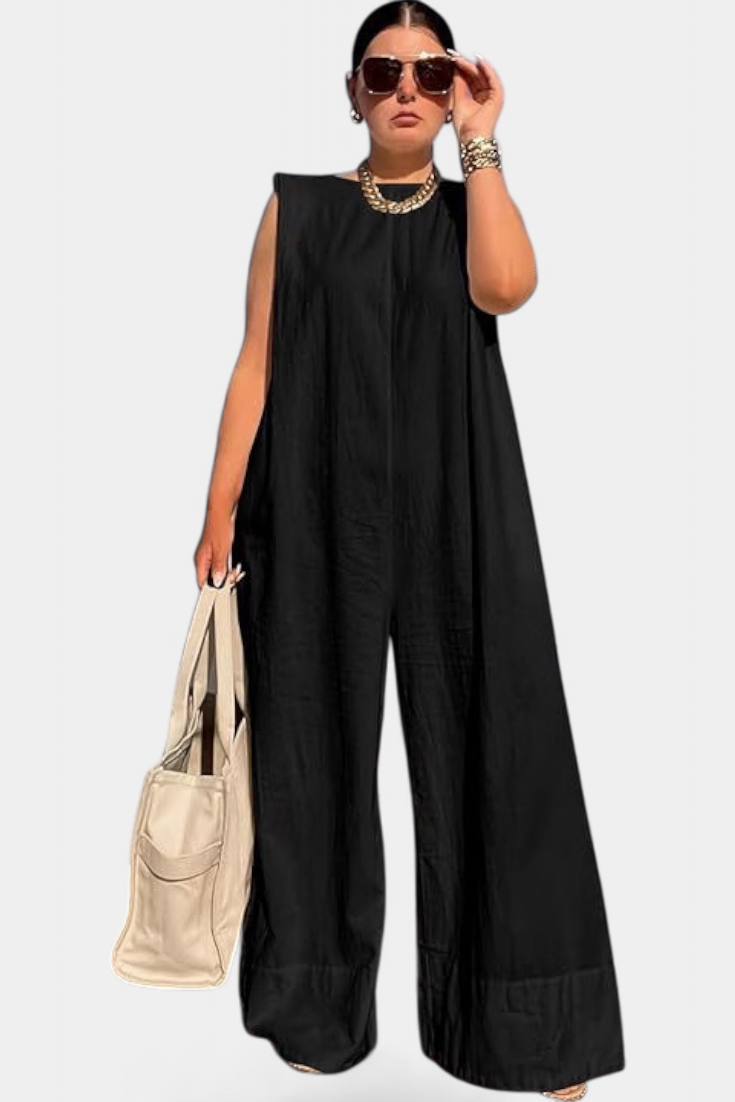 Mono de mujer sin mangas, diseño oversize con piernas anchas, fresco y cómodo para el verano.