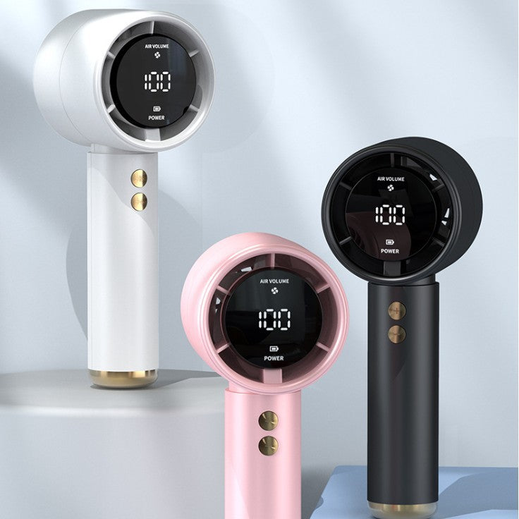 Ventilador de mano USB recargable, enfriamiento portátil. Pantalla digital muestra nivel de batería.