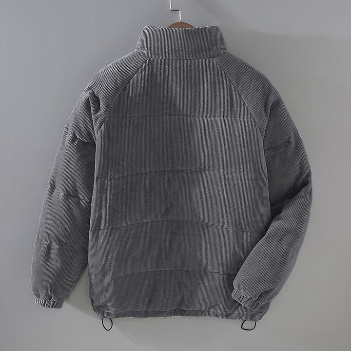 Parka hombre acolchada con cremallera y bolsillos, prenda exterior de invierno, ropa masculina casual.