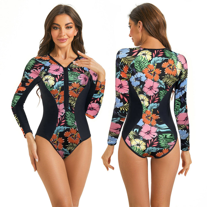 Traje de baño chic mujer de manga larga, con cremallera frontal, perfecto para deportes acuáticos y playa.