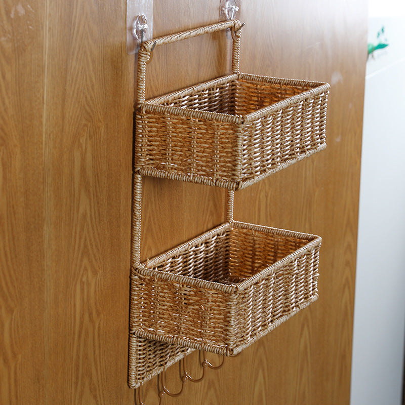 Cesta organizadora tejida de dos niveles ideal para almacenamiento en cocina, baño o sala.