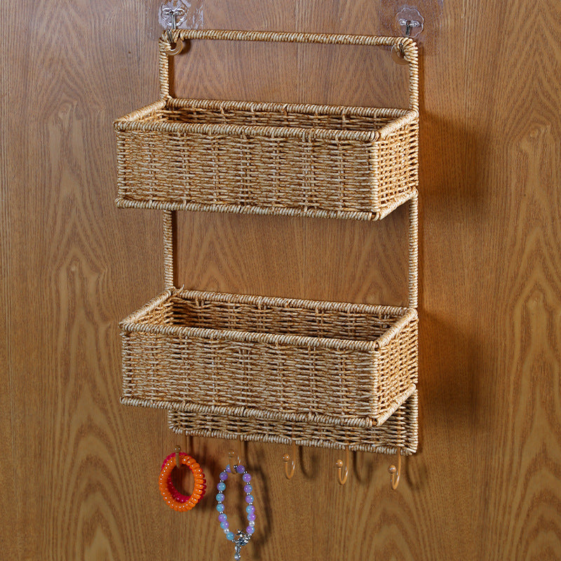 Cesta artesanal de dos niveles para almacenamiento en hogar, decoración sostenible y elegante.