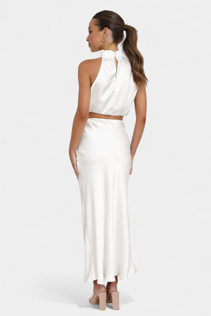 Conjunto de falda larga y top de espalda descubierta para mujer, estilo elegante y fresco.