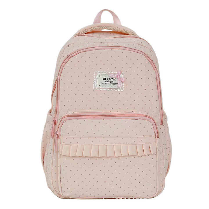 Mochila de moda para mujer, diseño chic con volantes y lunares, accesorio elegante y funcional.