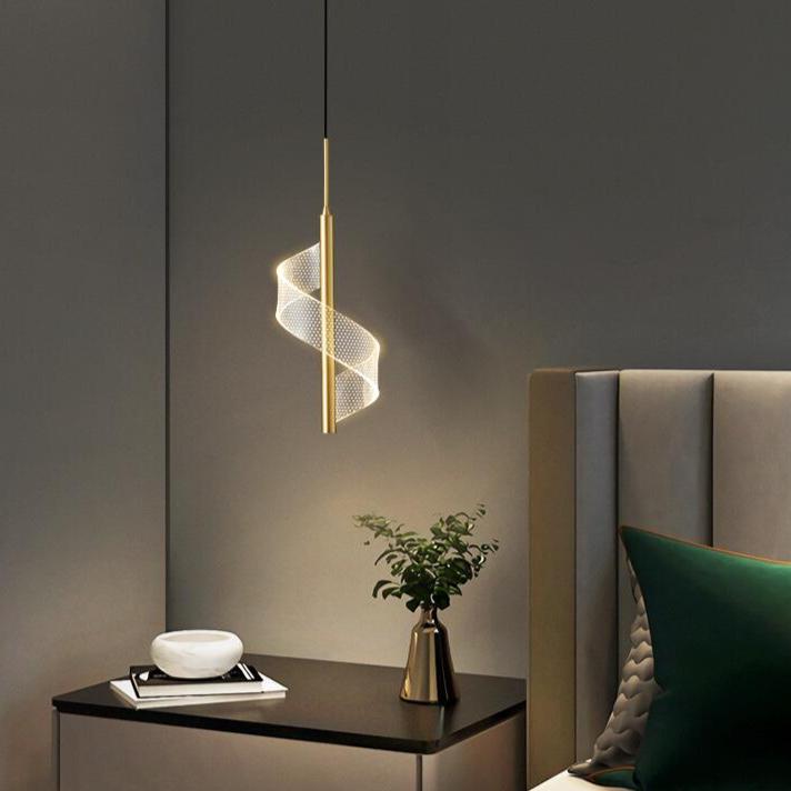 Lámpara colgante LED espiral moderna, ideal para iluminación de salón y comedor.