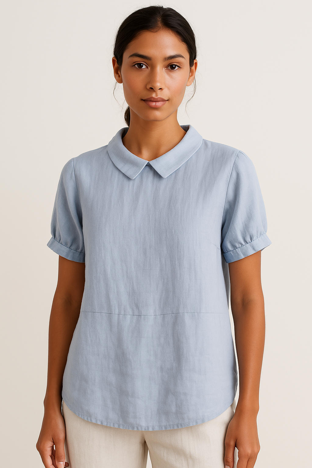 Blusa minimalista de manga corta para mujer, color rosa viento. Estilo ELISE, ideal para verano casual y elegante.