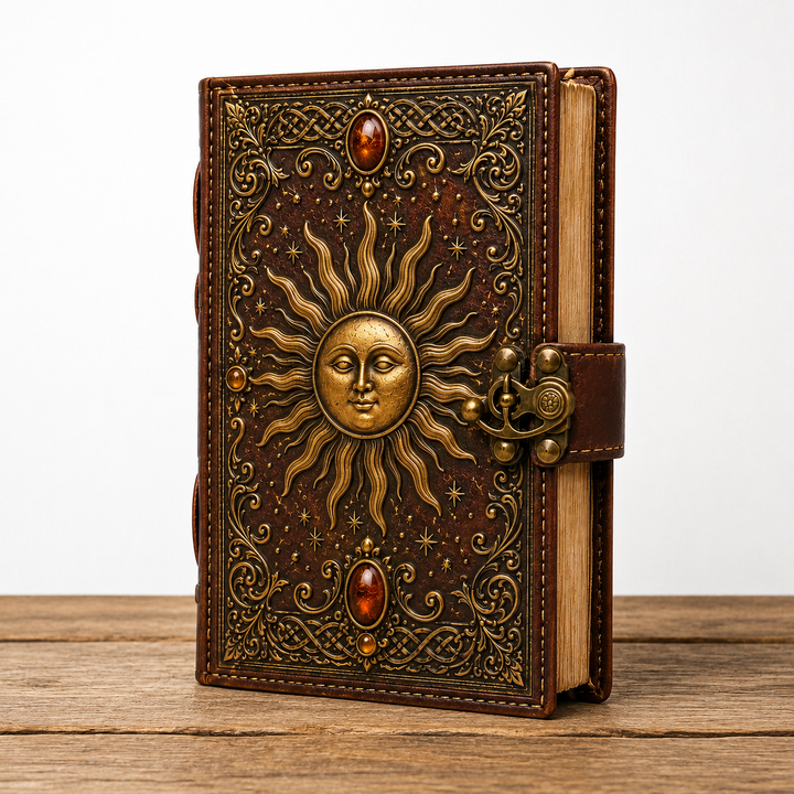 Libreta mística vintage Sol Celestial, gemas ámbar y cierre. Un regalo espiritual único para escritura y journaling.