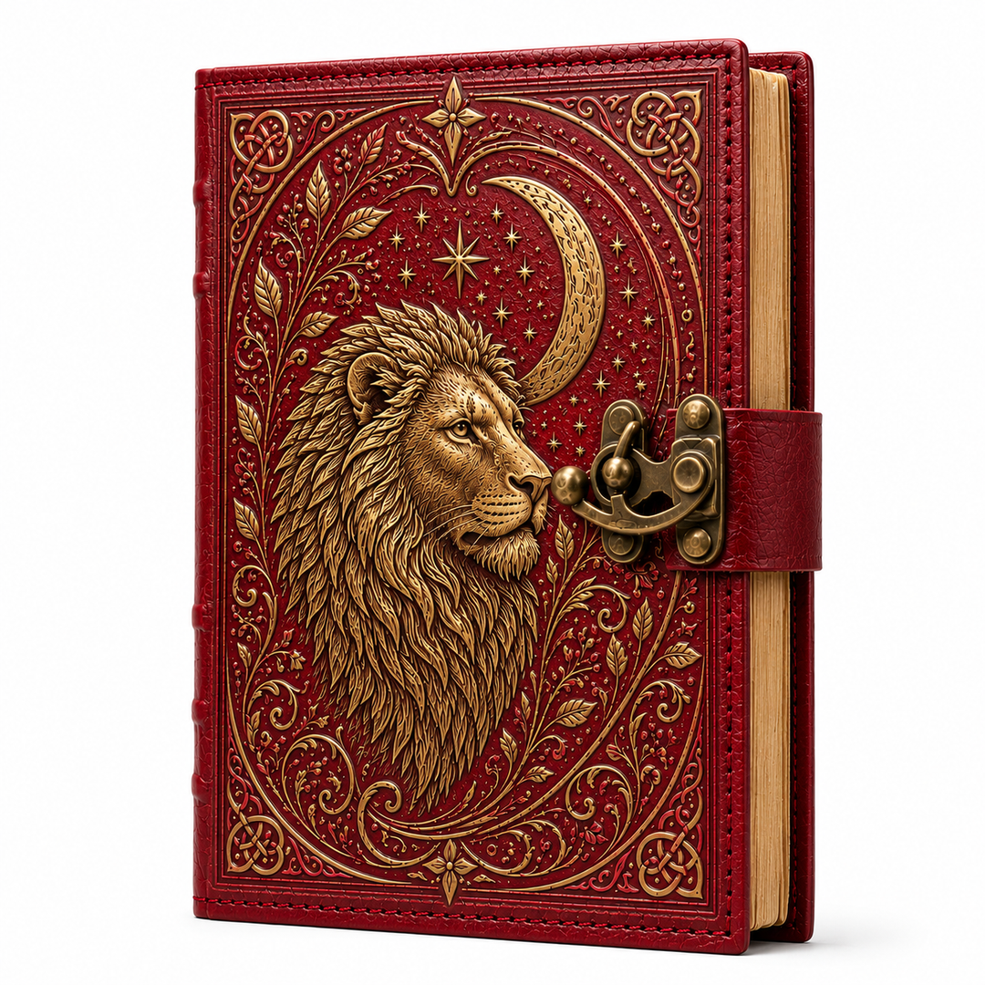 Cuaderno místico vintage con diseño de león celestial. Ideal para escritura creativa y journaling.