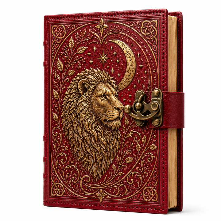 Cuaderno místico vintage con diseño de león celestial. Ideal para escritura creativa y journaling.