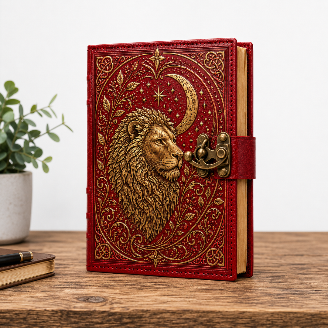 Diario de escritura místico con león celestial, perfecto para fantasía, astrología y espiritualidad.