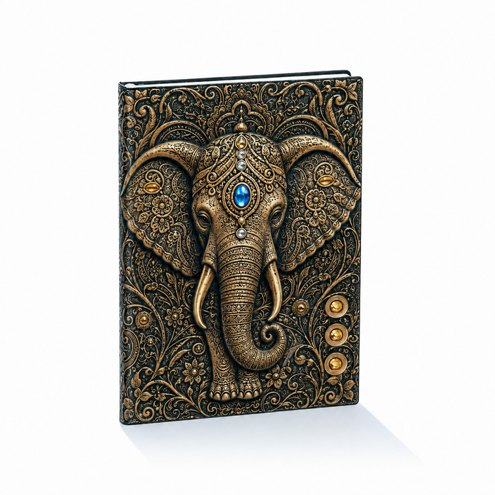 Cuaderno místico azul noche con elefante sagrado oriental. Ideal para escritura espiritual o journal.