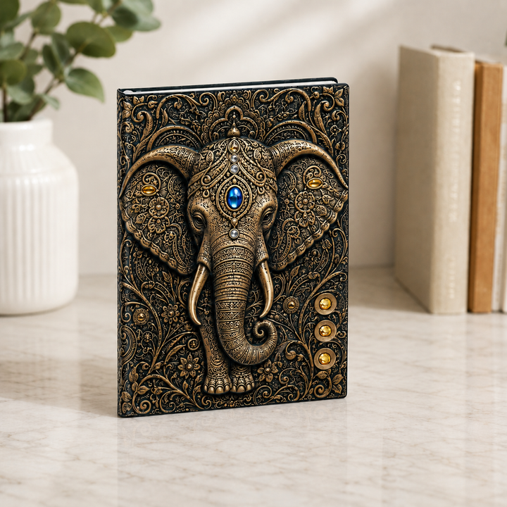 Journal vintage azul místico con elefante sagrado. Regalo perfecto para escritura y espiritualidad.