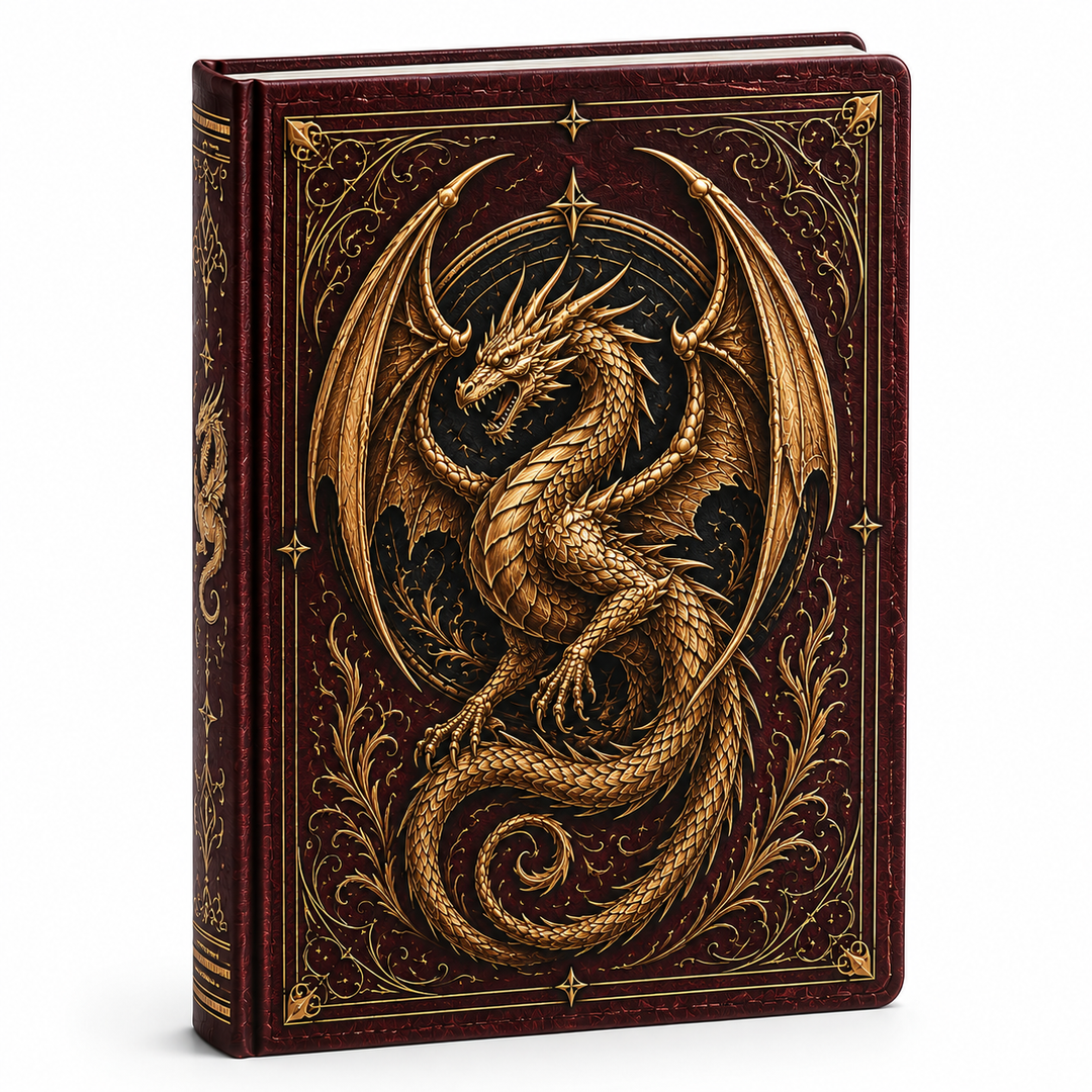Cuaderno místico con dragón dorado grabado, ideal para escritura, fantasía y arte medieval.